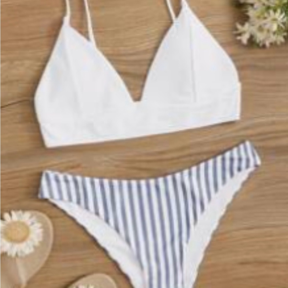 White and Blue Striped Bikini Set
